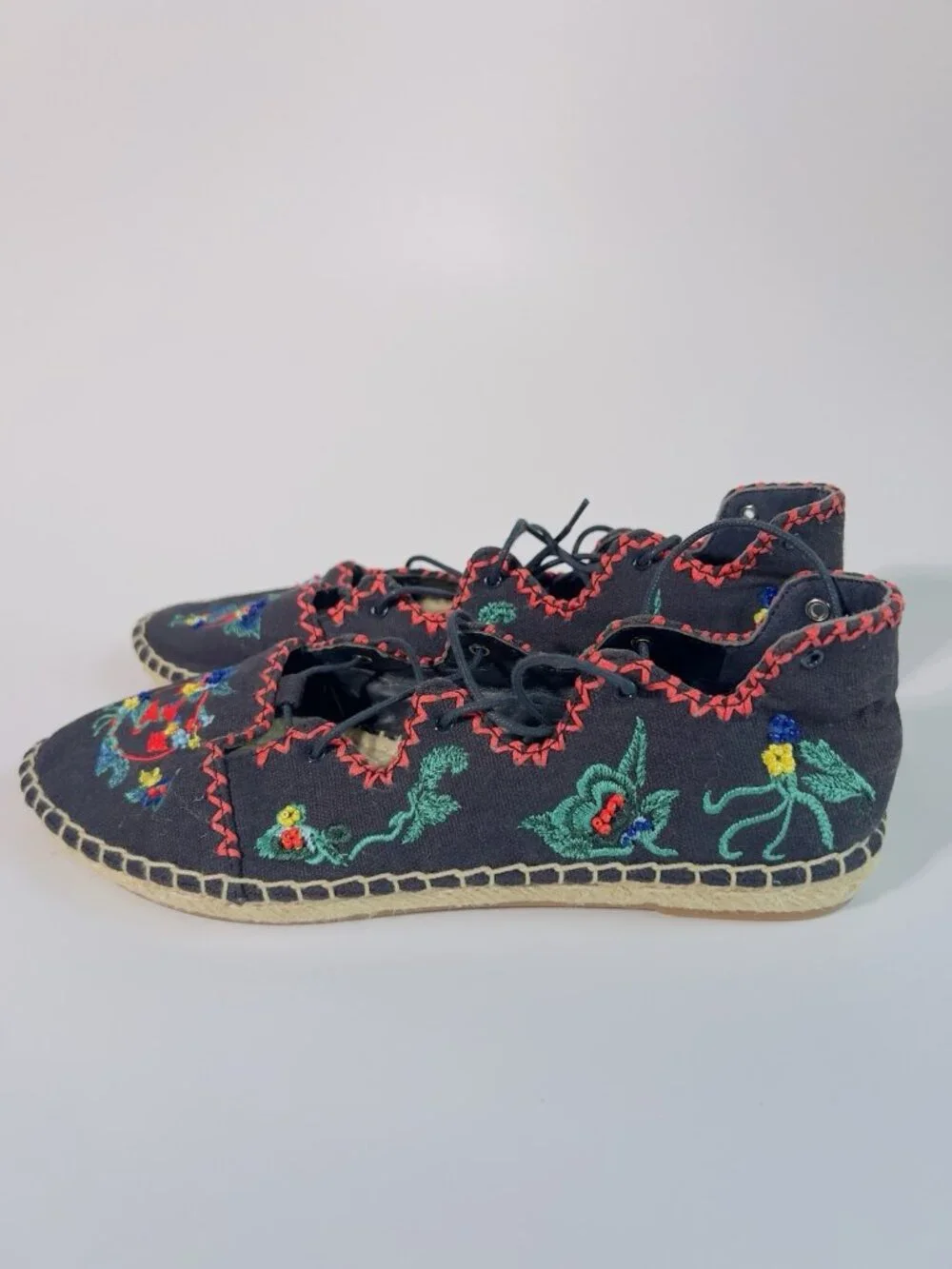 Tory Burch Fleming Embroidered Lace-Up Espadrilles Canvas Floral Size 8